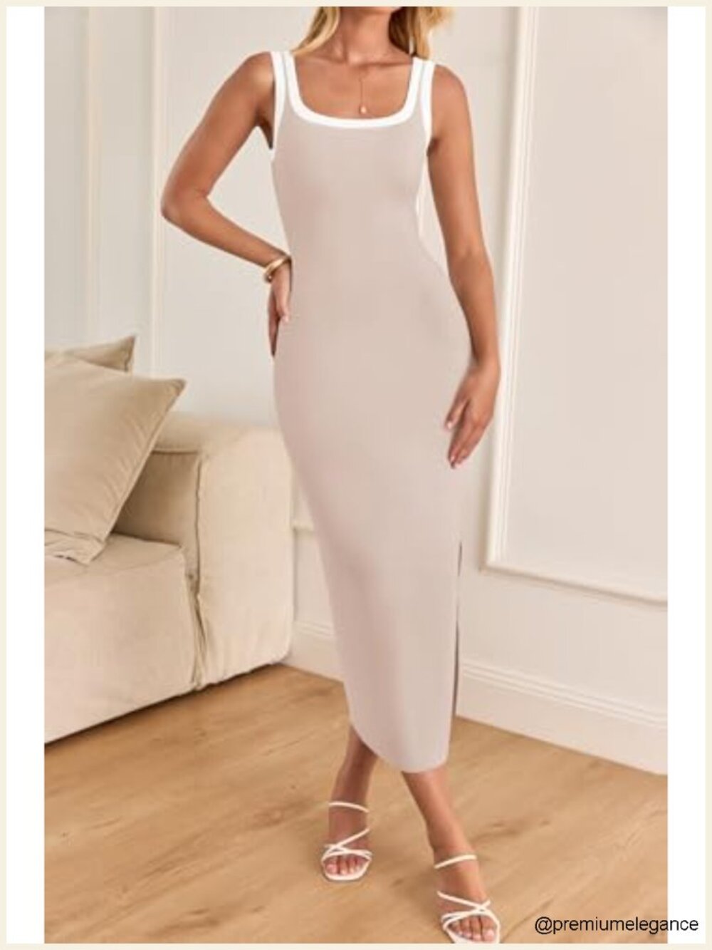 Sleeveless Square Neck Bodycon Midi Dress with Side Slit Knit Beach Vacation - Picture 4 of 6